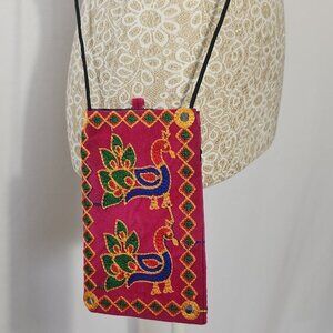 Women's Multi-Color Embroidered Peacock Small Zip Pocket Crossbody Bag Boho Cell